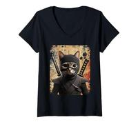 Womens Retro Ninja Cat Graphic Warrior Vintage Japanese Art Anime V-Neck T-Shirt