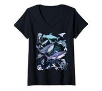 Womens Retro Ocean Wildlife - Shark, Fish & Octopus Vibes V-Neck T-Shirt