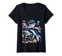 Womens Retro Ocean Wildlife - Shark, Fish & Octopus Vibes V-Neck T-Shirt
