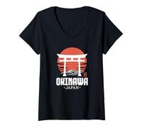 Womens Retro Okinawa Japan Torii Gate Japanese Kanji Souvenir V-Neck T-Shirt