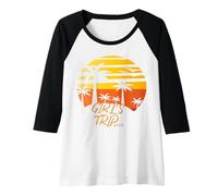 Womens Retro Palm Tree Sunset Girl'sTrip Text Design Raglan Baseball Tee