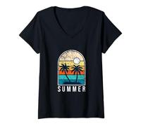 Women's Retro Palm Trees Sunset Beach Vibe Distressed Horizon V-Neck T-Shirt