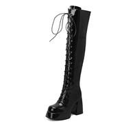 Women's Retro Patent Leather Over The Knee Boots Platform Block Heel Lace-up Thigh High Costumes Festival Boots