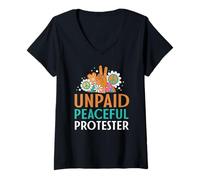 Women's Retro Peace Sign Flowers Groovy Unpaid Peaceful Protester V-Neck T-Shirt