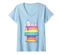 Womens Retro Peanuts Rainbow Riot Snoopy Dog House Pop Art Pride V-Neck T-Shirt