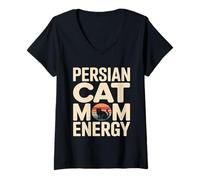 Women's Retro Persian Cat Mom Energy V-Neck T-Shirt