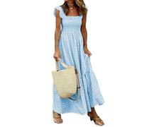 Women's Retro Plaid Smocked Dress,Spaghetti Strap Flounce Long Summer Casual Solid Flowy Maxi Dresses(Sky Blue,XXL)