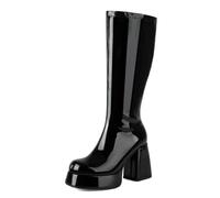 Women's Retro Platform Boots Patent Leather Knee High Block Heel Side Zip 70s Go Go Theme Costume Party Halloween,Black,6 UK