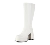 Women's Retro Platform Boots Patent Leather Knee High Block Heel Side Zip 70s Go Go Theme Costume Party Halloween,White,10 UK