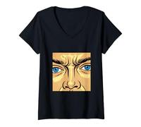 Women's Retro Pop Art Comic Face Blue Eyes Red Dot Graphic V-Neck T-Shirt