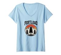 Womens Retro Portland Sunset Mountain Design Vintage Oregon Forest V-Neck T-Shirt