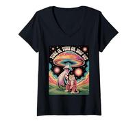 Womens Retro Psychedelic Tiger Mushroom Cosmic Vibes V-Neck T-Shirt