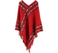 Women's Retro Pullover Tassel Shawl, Women's Knitted Ponchos & Capes, Ladies Poncho with Fringe, Ethnic Style Knitted Poncho, Autumn-Winter Pullover Cape, Knit Shawl Wrap for Women (Red, One Size)