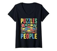 Women's Retro Puzzles People Jigsaw Puzzle Solver Enthusiast V-Neck T-Shirt