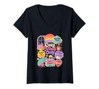 Women's Retro Rainy Day Reading Comfort Aesthetic V-Neck T-Shirt