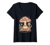 Women's Retro Reading Frog Sitting Under a Big Mushroom in Nature V-Neck T-Shirt