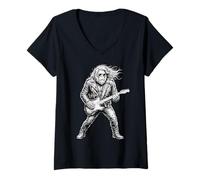 Women's Retro Rocker Bigfoot Playing Guitar V-Neck T-Shirt