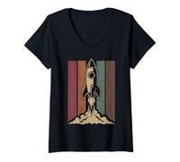 Womens Retro Rocket Launch Galaxy Astronomy Vintage Space V-Neck T-Shirt