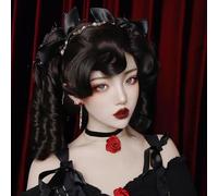 Women's Retro Roman Curly Wigs Short Black Luxurious Wig with Claw Clip 2 Ponytails Styling Bangs Lolita Synthetic Hair Halloween Party