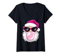 Womens Retro Santa Claus Face Blowing Bubble Christmas Pink Glasses V-Neck T-Shirt