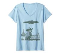 Women's Retro Sci-Fi Desert Creature UFO Sighting Broad-Brim Hat V-Neck T-Shirt