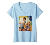 Women's Retro Science Fiction Sci Fi T-Shirt Art-Robot Bionic Woman V-Neck T-Shirt, Baby Blue, Small