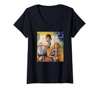 Women's Retro Science Fiction Sci Fi T-Shirt Art-Robot Bionic Woman V-Neck T-Shirt, Black, Large