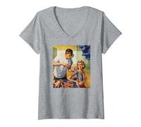 Women's Retro Science Fiction Sci Fi T-Shirt Art-Robot Bionic Woman V-Neck T-Shirt, Heather Grey, X-Large