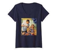 Women's Retro Science Fiction Sci Fi T-Shirt Art-Robot Bionic Woman V-Neck T-Shirt, Navy Blue, Medium