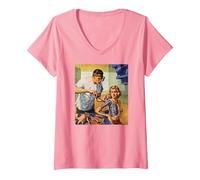 Women's Retro Science Fiction Sci Fi T-Shirt Art-Robot Bionic Woman V-Neck T-Shirt, Pink, Small