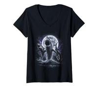 Women's Retro Sharks Howling Under Full Moon Space Night Y2K 90s V-Neck T-Shirt