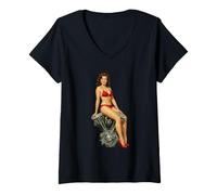 Women's Retro Shovelhead Pinup Devil Girl V-Twin Engine Biker Art V-Neck T-Shirt