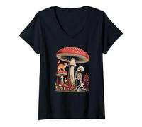 Women's Retro Skeleton and Tabby Kitten Under A Forest Mushroom V-Neck T-Shirt