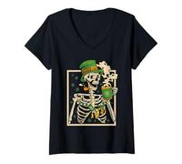 Women's Retro Skeleton Coffee Lucky Shamrock Saint Patricks Day V-Neck T-Shirt