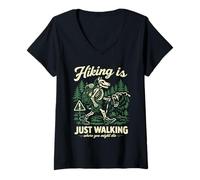 Women's Retro Skeleton Wolf Camper Wilderness Survival Humor V-Neck T-Shirt