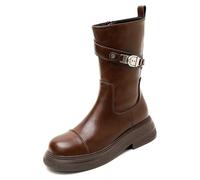 Women's Retro Skinny Mid Calf Boots - Vintage Leather with Round Toe & Side Zip | Non-Slip, Waterproof, Lightweight & Comfortable for Work, Walking and Rider Style Brown