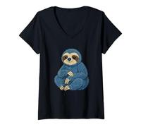Womens Retro Sloth Denim Patchwork Patch Art Cute V-Neck T-Shirt