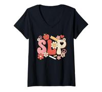 Women's Retro SLP Speech Language Pathologist Groovy Teacher V-Neck T-Shirt