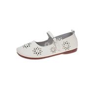 Women's Retro Soft Leather Hollow Flats, Comfy Flat Ankle Strap Shoes Comfortable Round Toe Mary Jane Flats Lightweight Breathable (White,6.5)