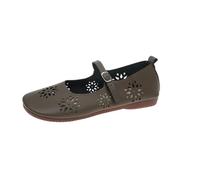 Women's Retro Soft Leather Hollow Flats, Comfy Flat Ankle Strap Shoes Comfortable Round Toe Mary Jane Flats Lightweight Breathable (Khaki,6.5)