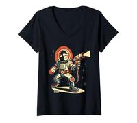 Womens Retro Space Gorilla with Ray Gun in Astronaut Suit V-Neck T-Shirt