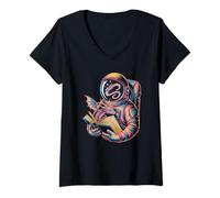Women's Retro Space Reader discovering a Colorful Galaxy Library V-Neck T-Shirt