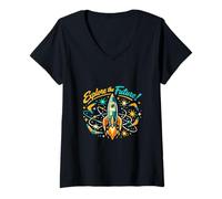 Women's Retro Space Rocket Exploration Vintage Design V-Neck T-Shirt