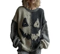 Women's Retro Spooky Face Print Long Sleeve Knit Sweater Fall Autumn Halloween Sweatshirt Horror V-Neck Novelty Casual Cozy Funny Top (Black, XXXL)