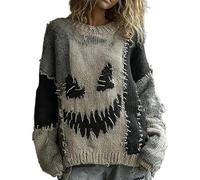Women's Retro Spooky Face Print Long Sleeve Knit Sweater Fall Autumn Halloween Sweatshirt Horror V-Neck Novelty Casual Cozy Funny Top (Grey, XXL)