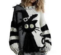 Women's Retro Spooky Face Print Long Sleeve Knit Sweater Fall Autumn Halloween Sweatshirt Horror V-Neck Novelty Casual Cozy Funny Top (Light Ashy, L)