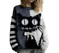 Women's Retro Spooky Face Print Long Sleeve Knit Sweater Fall Autumn Halloween Sweatshirt Horror V-Neck Novelty Casual Cozy Funny Top (Dark Gray, S)