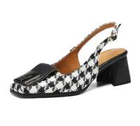 Women's Retro Square Toe Pumps Slingback Chunky Heel Colorblock Fabric Dress Heels Mid Heel Casual Shoes for Vintage Outfit & Street Wear Stylish Look,Black,6 UK