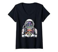 Women's Retro Star Voyager discovering Colorful Galaxy toadstools V-Neck T-Shirt