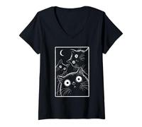 Women's Retro Staring Black Cats Moonlight Feline Graphic Art V-Neck T-Shirt
